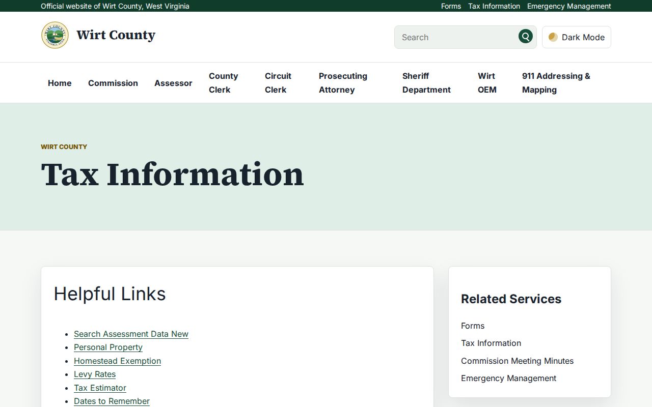 Wirt County property tax records links for assessment, homestead, levy rates, and dates